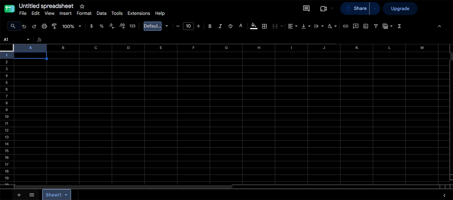 A blank Google Sheets spreadsheet with the Darkkle dark theme applied, showing a true-black grid, readable white column letters and row numbers, and a dark toolbar, menu bar, and sheet tab.