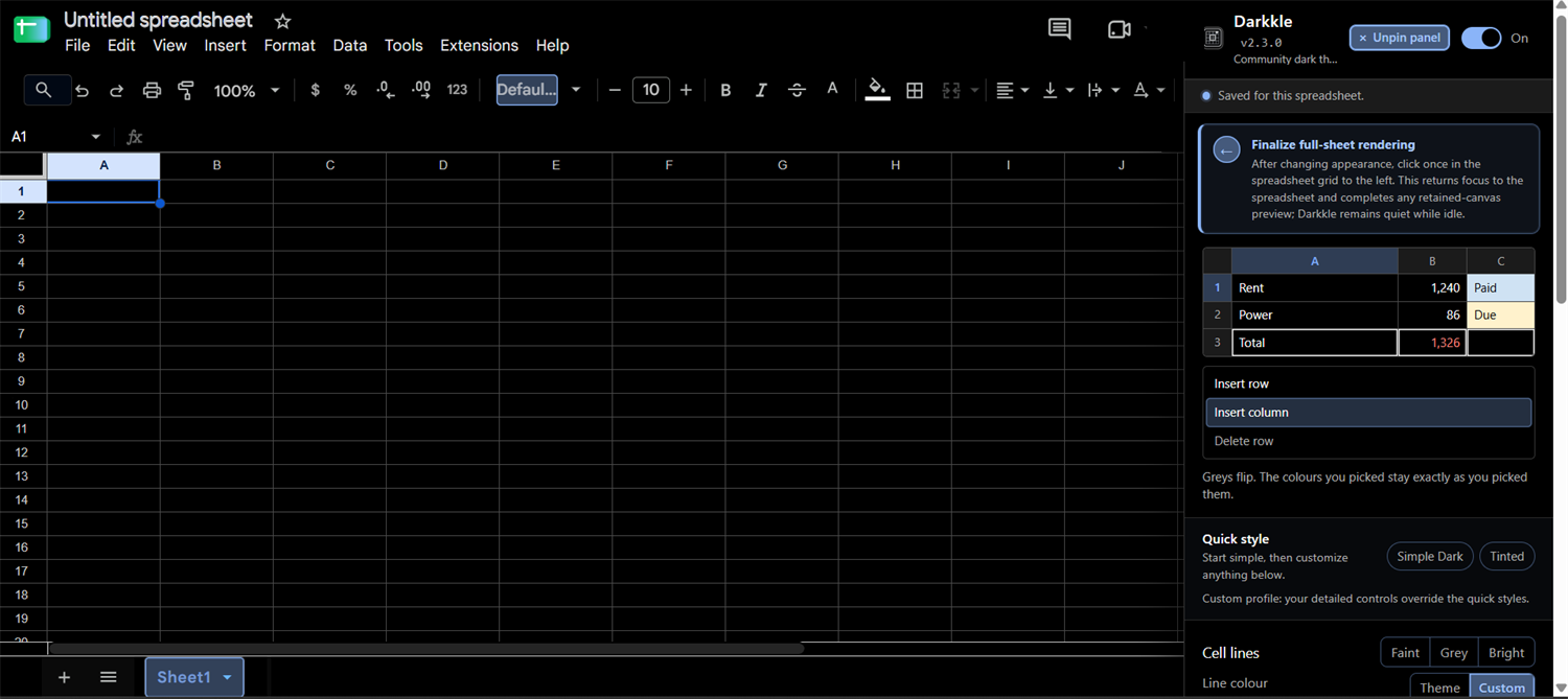 The Darkkle settings panel pinned beside a Google Sheets spreadsheet, showing an on and off switch, a live preview table, and Simple Dark and Tinted quick style options.