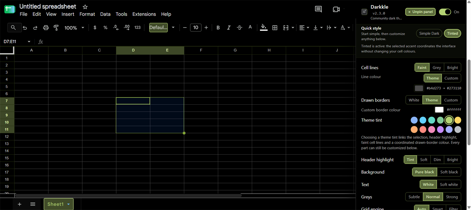 A selected cell range from D7 to E11 in a dark Google Sheets spreadsheet. The column letters D and E and the row numbers 7 to 11 are highlighted in a coordinated green tint, and the labels remain readable against the highlight.